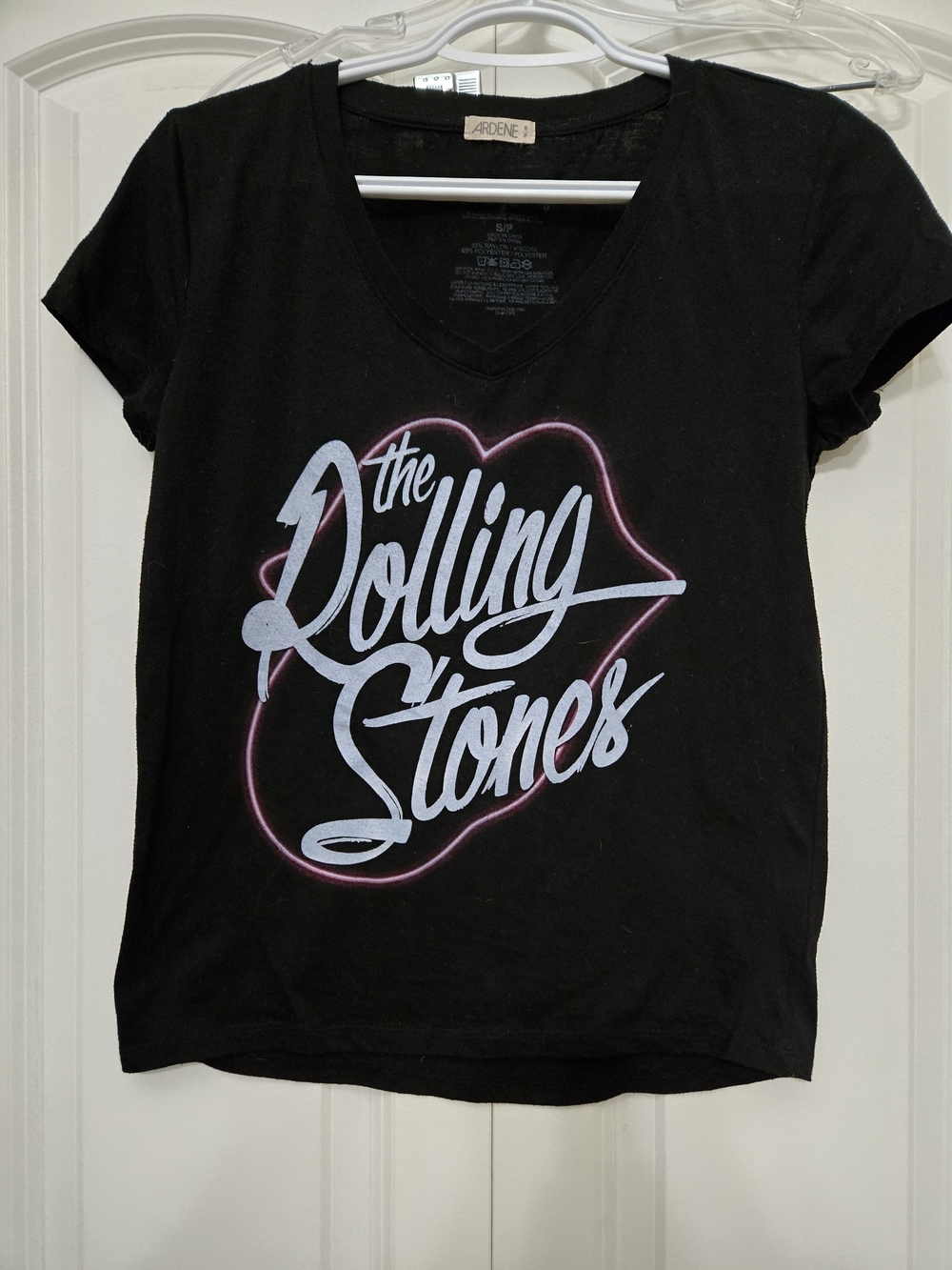 the Rolling Stones Black V-Neck Tee with White Script and Pink Outline